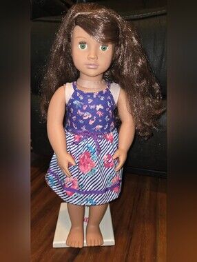 Our Generation Doll With Brown Hair  Green Eyes 18" Purple Floral Dress Headband